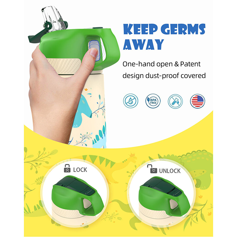 Paslanmaz Çelik, Pipetli, Kilitlenebilir Çocuk Matarası 350 ml-Krem Dinozor