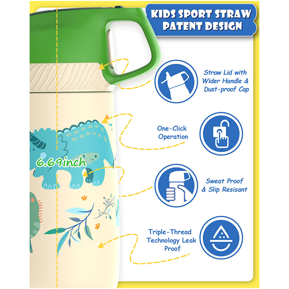 Paslanmaz Çelik, Pipetli, Kilitlenebilir Çocuk Matarası 350 ml-Krem Dinozor