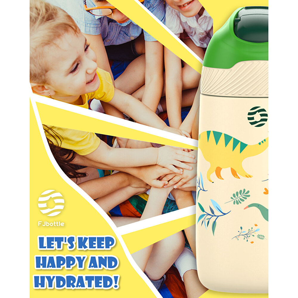 Paslanmaz Çelik, Pipetli, Kilitlenebilir Çocuk Matarası 350 ml-Krem Dinozor