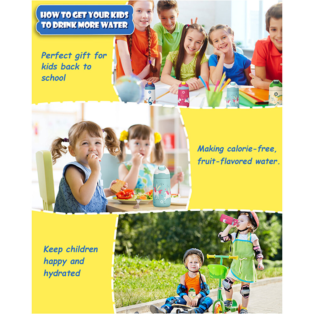 Paslanmaz Çelik, Pipetli, Kilitlenebilir Çocuk Matarası 350 ml-Krem Dinozor