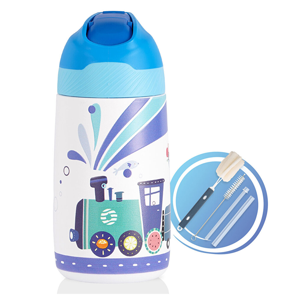 Paslanmaz Çelik, Pipetli, Kilitlenebilir Çocuk Matarası 350 ml-Mavi Tren