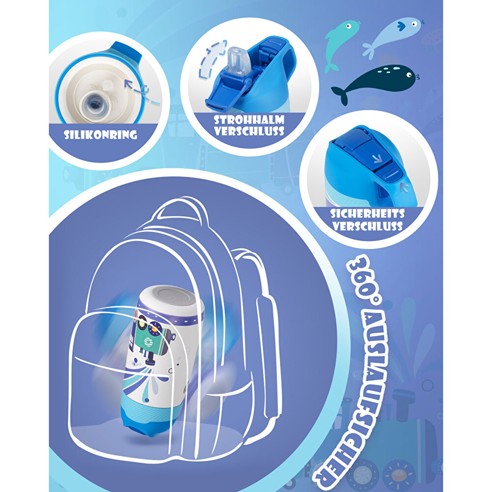 Paslanmaz Çelik, Pipetli, Kilitlenebilir Çocuk Matarası 350 ml-Mavi Tren