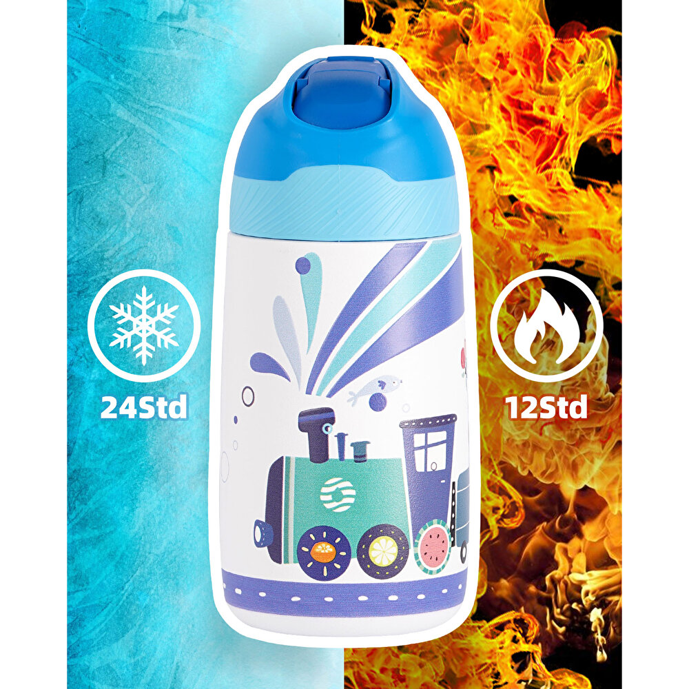 Paslanmaz Çelik, Pipetli, Kilitlenebilir Çocuk Matarası 350 ml-Mavi Tren