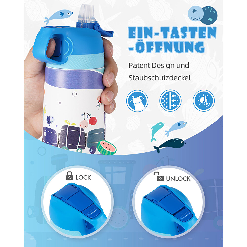 Paslanmaz Çelik, Pipetli, Kilitlenebilir Çocuk Matarası 350 ml-Mavi Tren