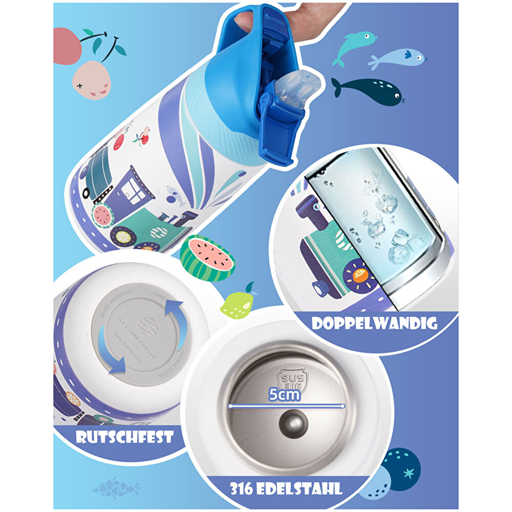 Paslanmaz Çelik, Pipetli, Kilitlenebilir Çocuk Matarası 350 ml-Mavi Tren