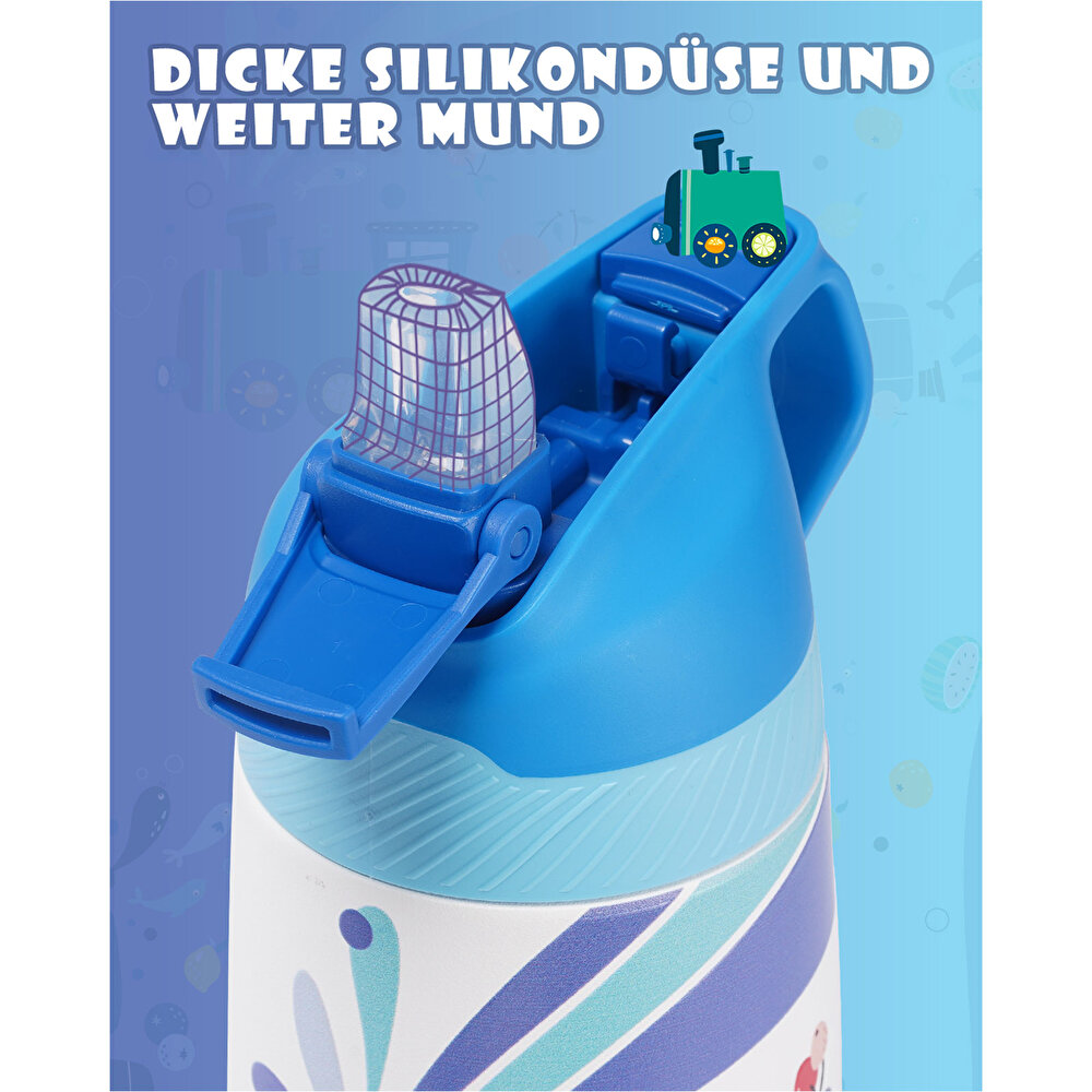 Paslanmaz Çelik, Pipetli, Kilitlenebilir Çocuk Matarası 350 ml-Mavi Tren