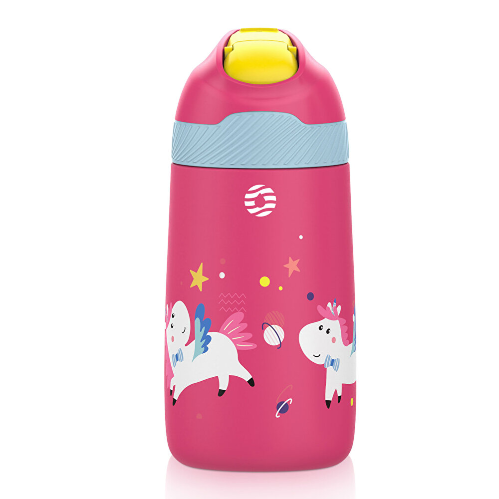 Paslanmaz Çelik, Pipetli, Kilitlenebilir Çocuk Matarası 350 ml-Pembe Unicorn