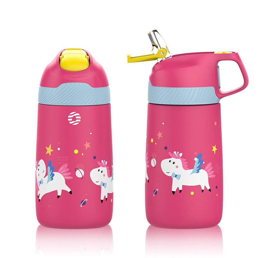 Paslanmaz Çelik, Pipetli, Kilitlenebilir Çocuk Matarası 350 ml-Pembe Unicorn