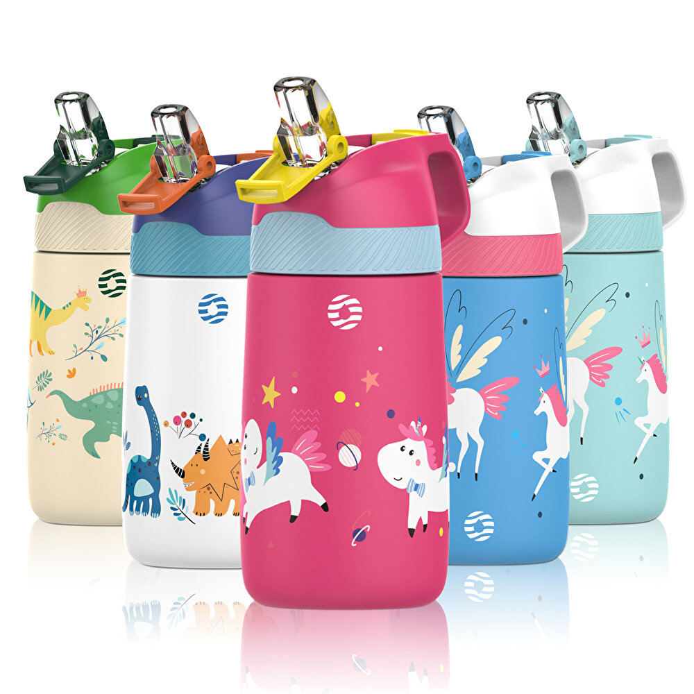 Paslanmaz Çelik, Pipetli, Kilitlenebilir Çocuk Matarası 350 ml-Pembe Unicorn