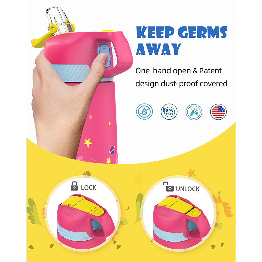 Paslanmaz Çelik, Pipetli, Kilitlenebilir Çocuk Matarası 350 ml-Pembe Unicorn