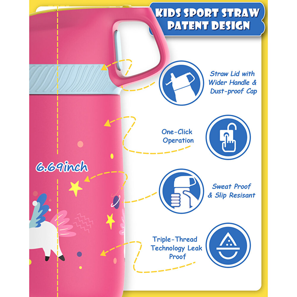 Paslanmaz Çelik, Pipetli, Kilitlenebilir Çocuk Matarası 350 ml-Pembe Unicorn