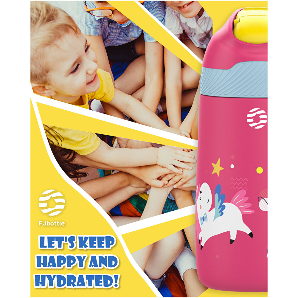 Paslanmaz Çelik, Pipetli, Kilitlenebilir Çocuk Matarası 350 ml-Pembe Unicorn