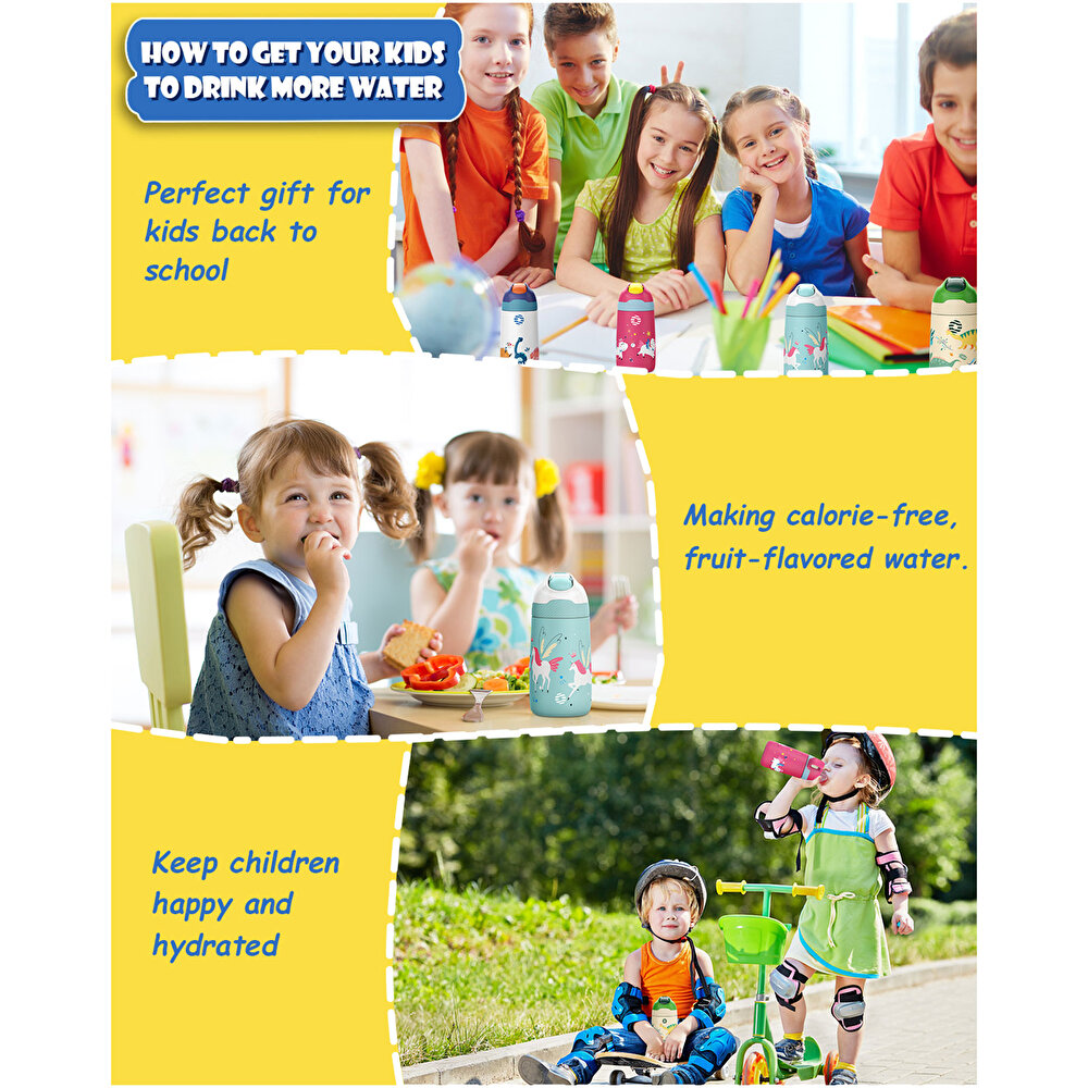 Paslanmaz Çelik, Pipetli, Kilitlenebilir Çocuk Matarası 350 ml-Pembe Unicorn