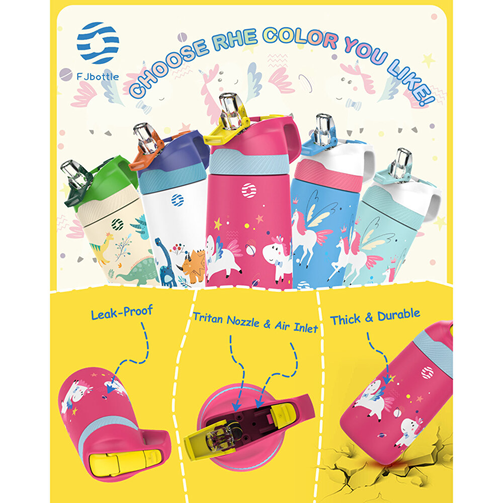 Paslanmaz Çelik, Pipetli, Kilitlenebilir Çocuk Matarası 350 ml-Pembe Unicorn