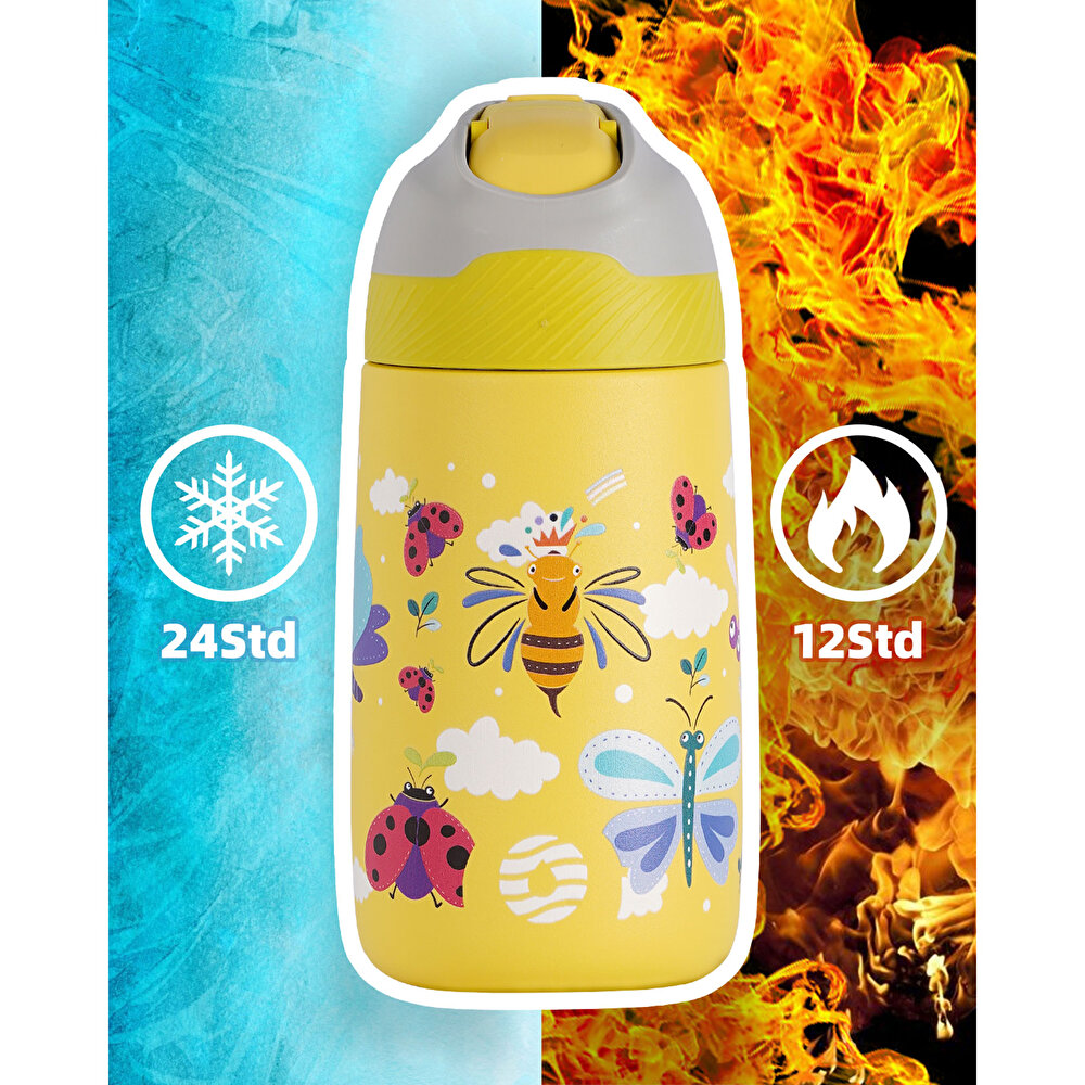 Paslanmaz Çelik, Pipetli, Kilitlenebilir Çocuk Matarası 350 ml-Sarı Arı