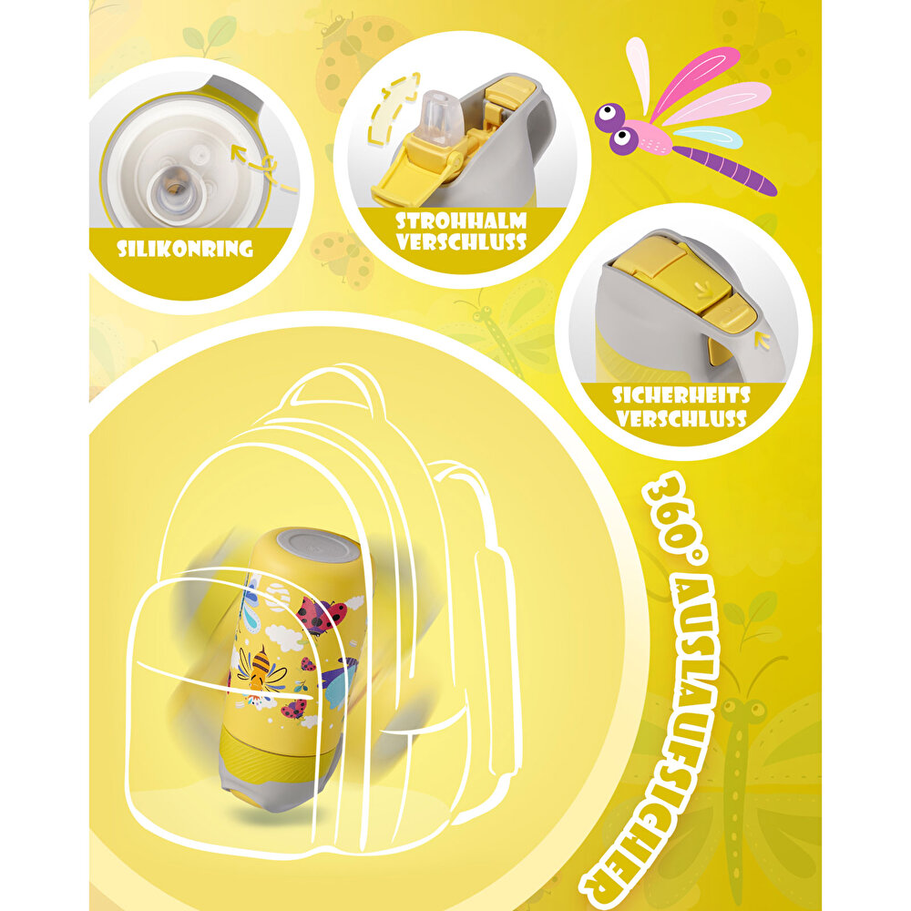 Paslanmaz Çelik, Pipetli, Kilitlenebilir Çocuk Matarası 350 ml-Sarı Arı