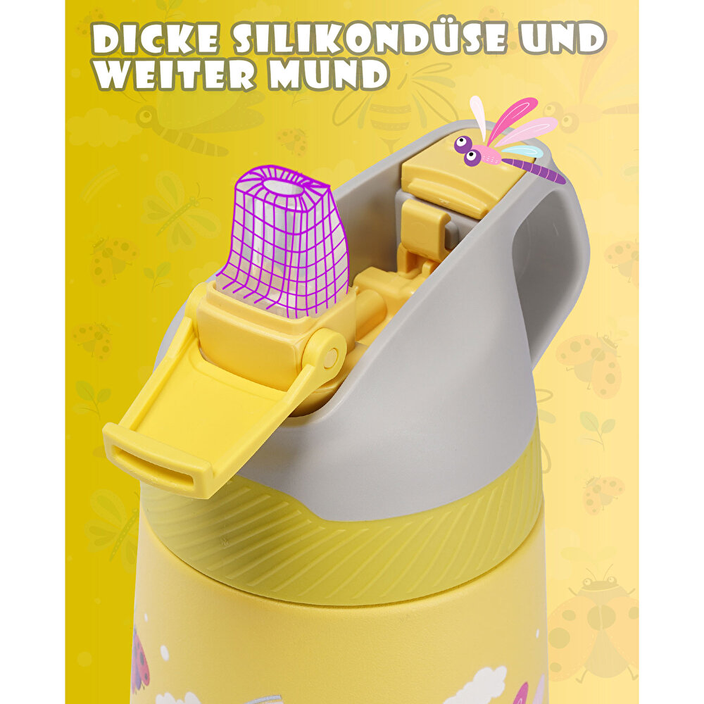 Paslanmaz Çelik, Pipetli, Kilitlenebilir Çocuk Matarası 350 ml-Sarı Arı
