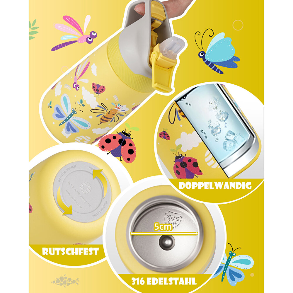Paslanmaz Çelik, Pipetli, Kilitlenebilir Çocuk Matarası 350 ml-Sarı Arı