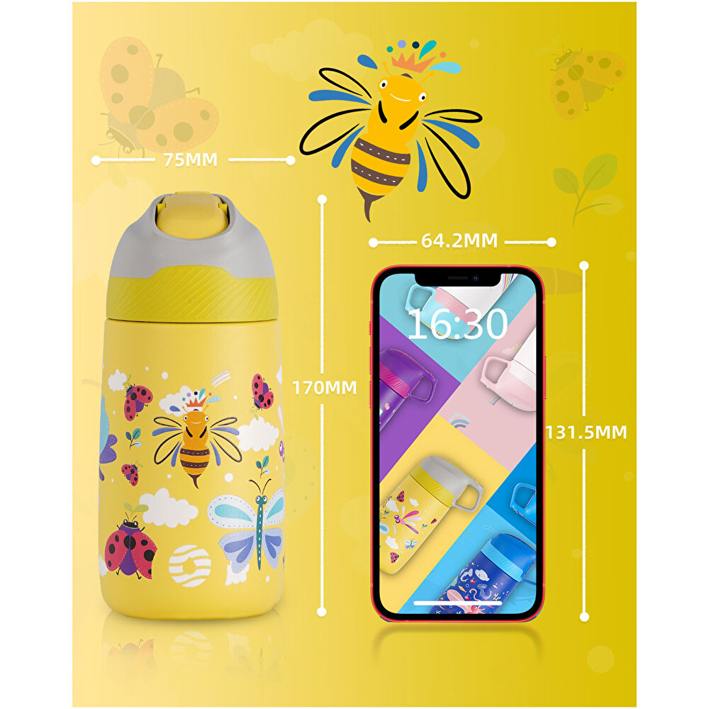 Paslanmaz Çelik, Pipetli, Kilitlenebilir Çocuk Matarası 350 ml-Sarı Arı