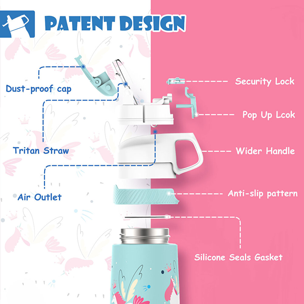 Paslanmaz Çelik, Pipetli, Kilitlenebilir Çocuk Matarası 350 ml-Turkuaz Unicorn