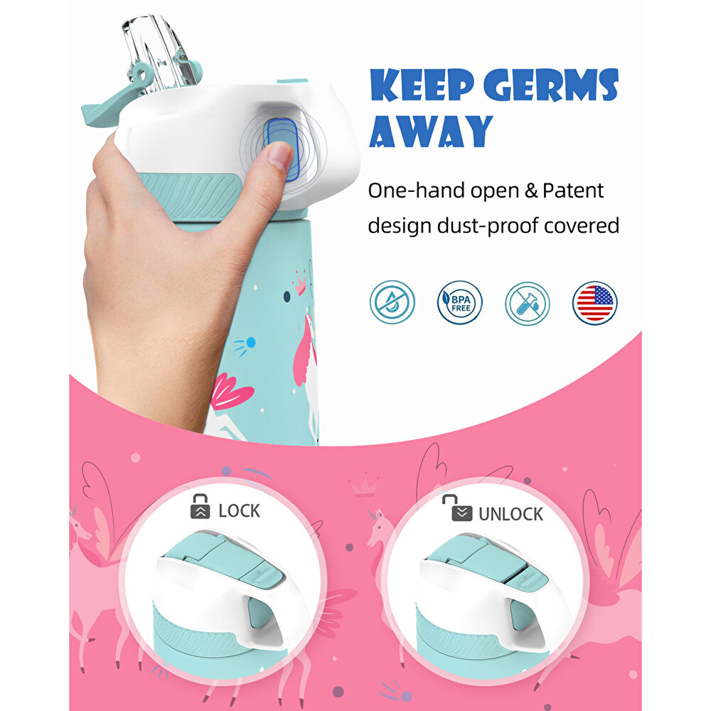 Paslanmaz Çelik, Pipetli, Kilitlenebilir Çocuk Matarası 350 ml-Turkuaz Unicorn