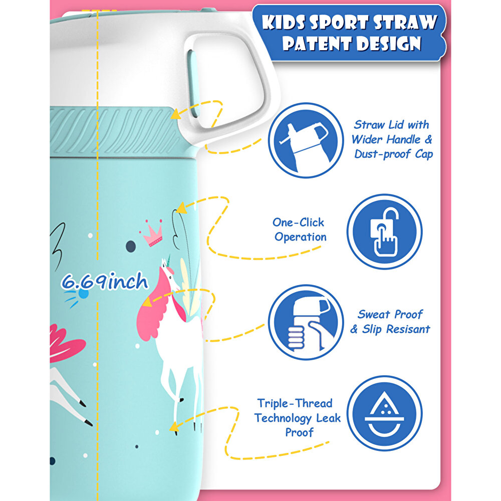 Paslanmaz Çelik, Pipetli, Kilitlenebilir Çocuk Matarası 350 ml-Turkuaz Unicorn