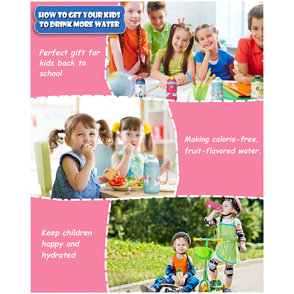 Paslanmaz Çelik, Pipetli, Kilitlenebilir Çocuk Matarası 350 ml-Turkuaz Unicorn