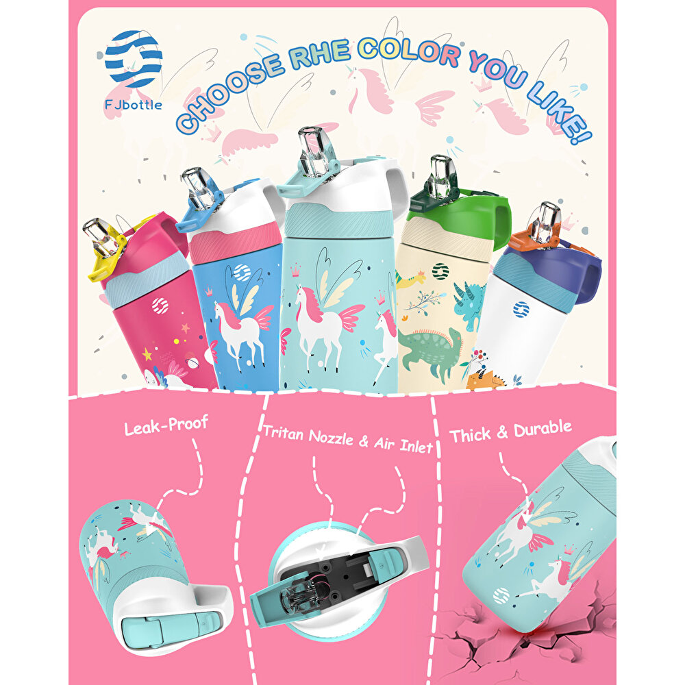 Paslanmaz Çelik, Pipetli, Kilitlenebilir Çocuk Matarası 350 ml-Turkuaz Unicorn