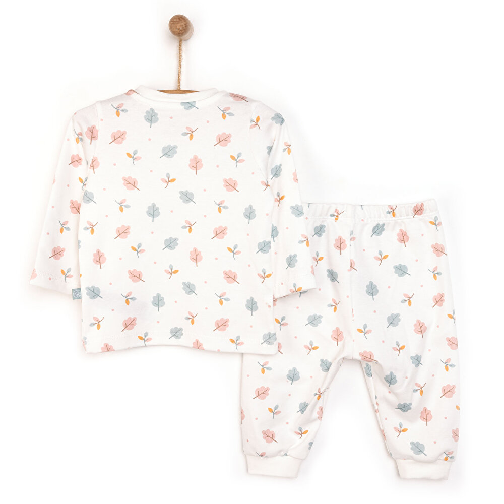 Kız Bebek Pijama Takım İnterlok Yaprak Desenli Çıtçıtlı Pambuliq Tema Bisiklet Yaka Uzun Kol Pembe