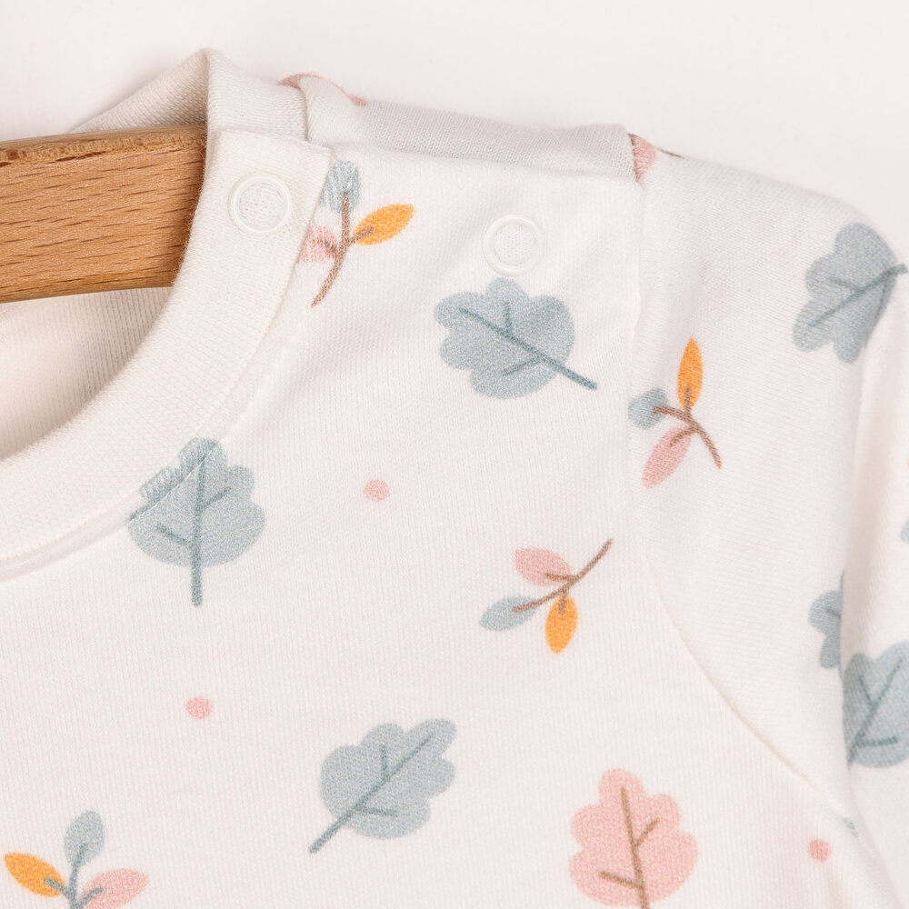 Kız Bebek Pijama Takım İnterlok Yaprak Desenli Çıtçıtlı Pambuliq Tema Bisiklet Yaka Uzun Kol Pembe