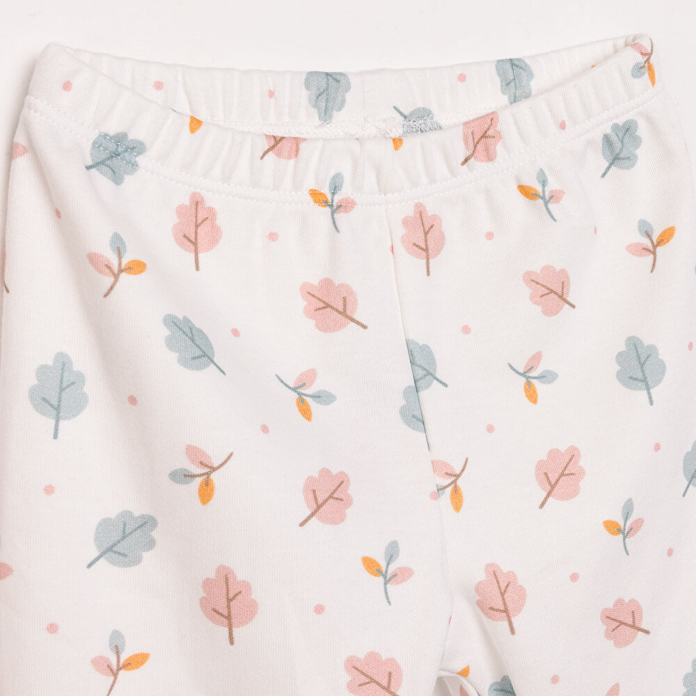 Kız Bebek Pijama Takım İnterlok Yaprak Desenli Çıtçıtlı Pambuliq Tema Bisiklet Yaka Uzun Kol Pembe
