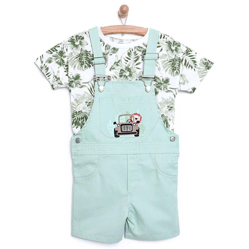 Erkek Bebek Şort Salopet-Tshirt Set Araba Desen  Düğmeli Bağlama Modelli Yaka İp Askılı Kol Yeşil