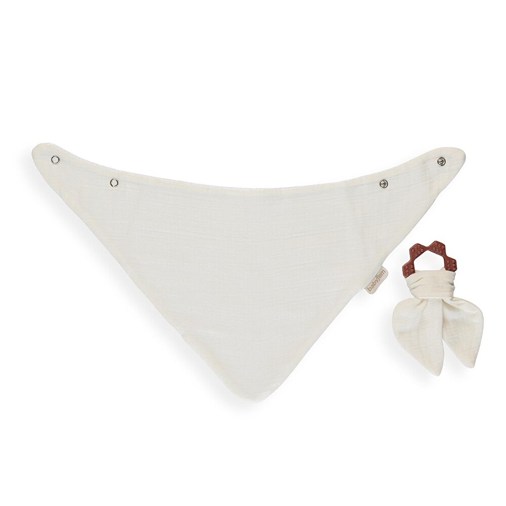 Silikon Diş Kaşıyıcılı Bürümcük Müslin Önlük Ekru