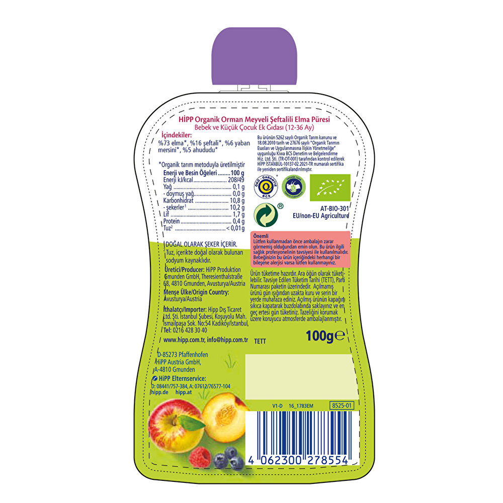 Organik Orman Meyveli Şeftalili Elmalı Meyve Püresi 100 gr