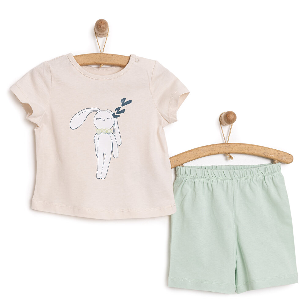 Unisex Pijama Takımı Tavşan Neni Bisiklet Yaka Kısa Kol Ekru