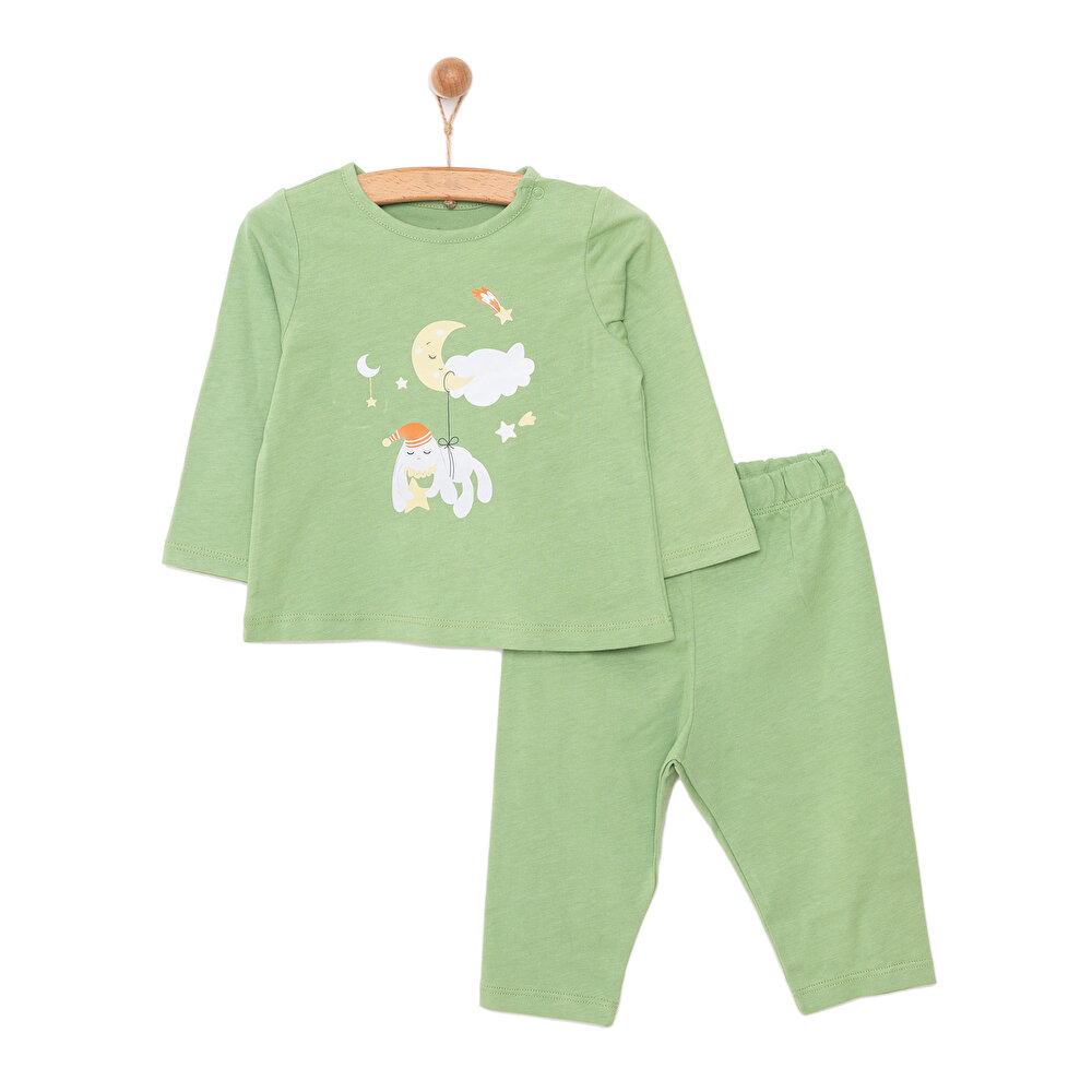 Unisex Pijama Takım Süprem Çıtçıtlı Tavşan Neni Bisiklet Yaka Uzun Kol Açık Yeşil