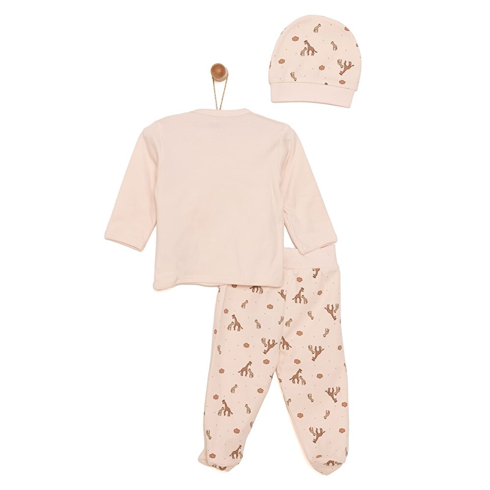 Unisex Yenidoğan Zıbın Şapka Patikli Alt Çıtçıtlı Zarf Yaka Uzun Kol Ekru