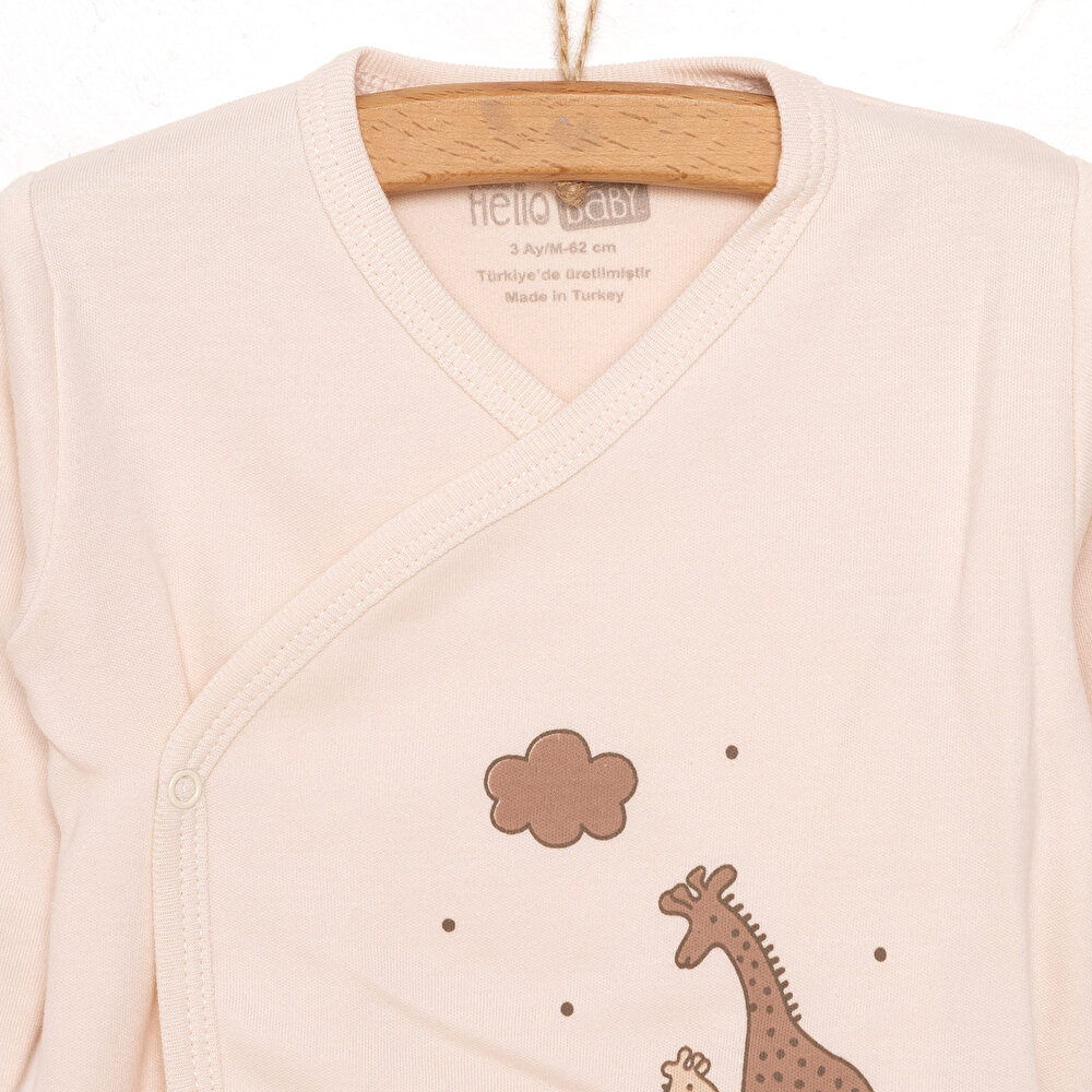 Unisex Yenidoğan Zıbın Şapka Patikli Alt Çıtçıtlı Zarf Yaka Uzun Kol Ekru