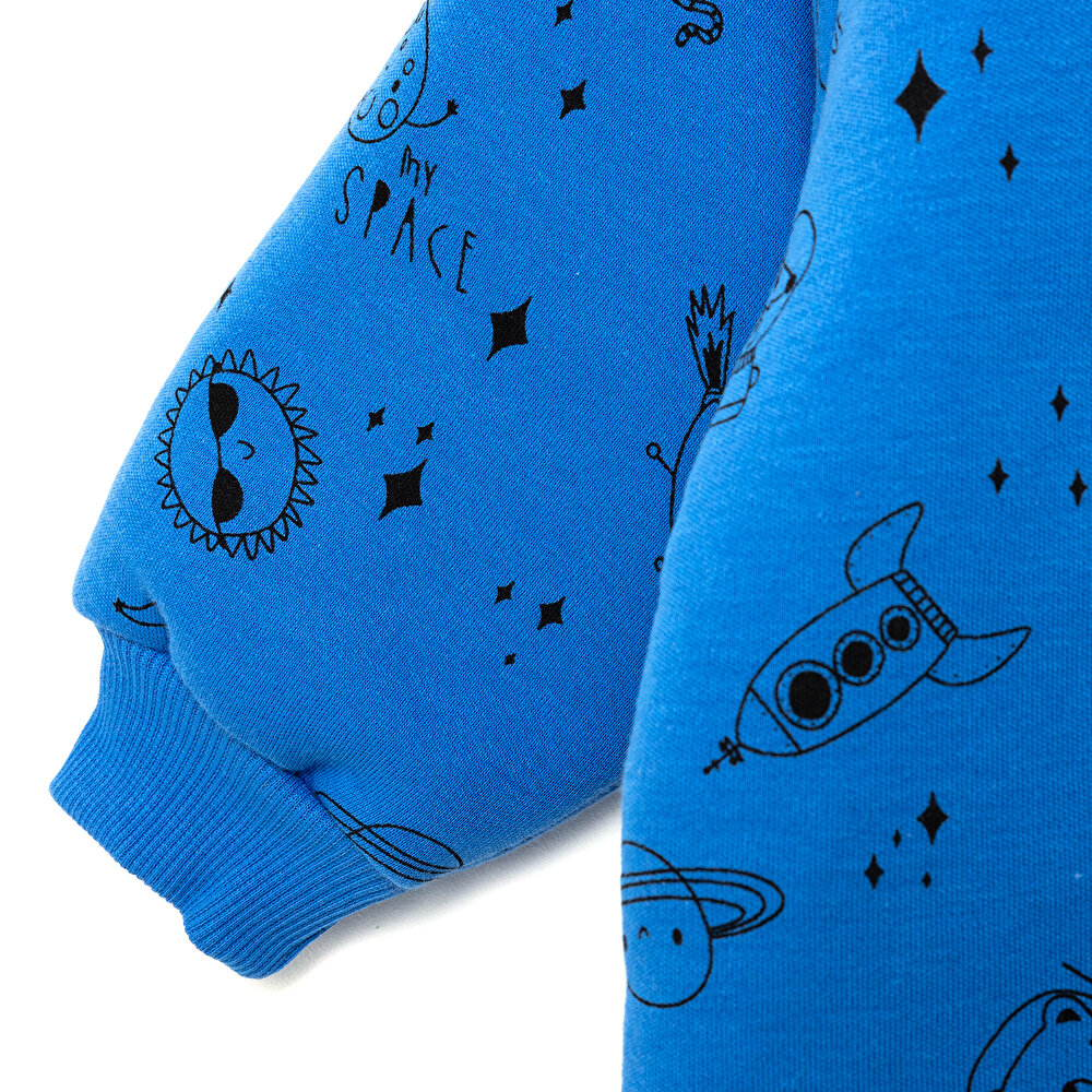 Erkek Bebek Uyku Tulum İnterlok Uzay Desenli Fermuarlı 2,5 Tog Uzun Kol