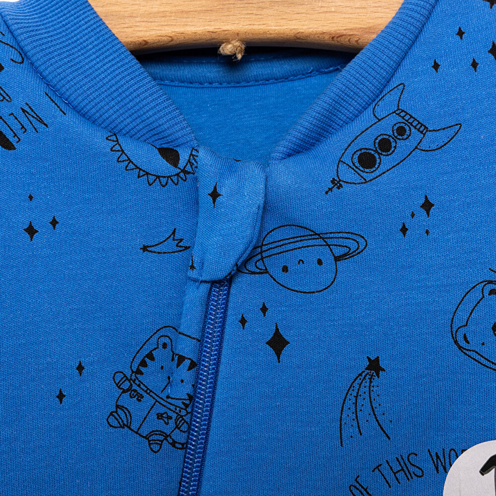 Erkek Bebek Uyku Tulum İnterlok Uzay Desenli Fermuarlı 2,5 Tog Uzun Kol