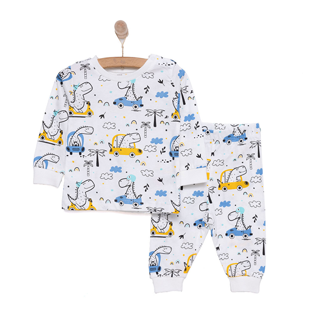 Uzun Kol Bisiklet Yaka Dinazor Desenli Pijama Takımı