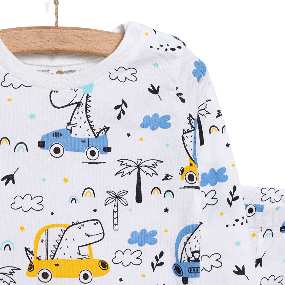 Uzun Kol Bisiklet Yaka Dinazor Desenli Pijama Takımı