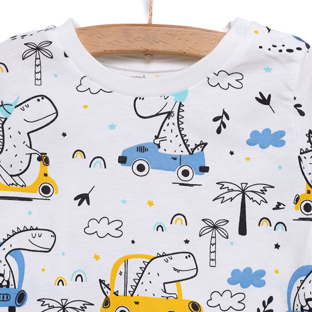 Uzun Kol Bisiklet Yaka Dinazor Desenli Pijama Takımı