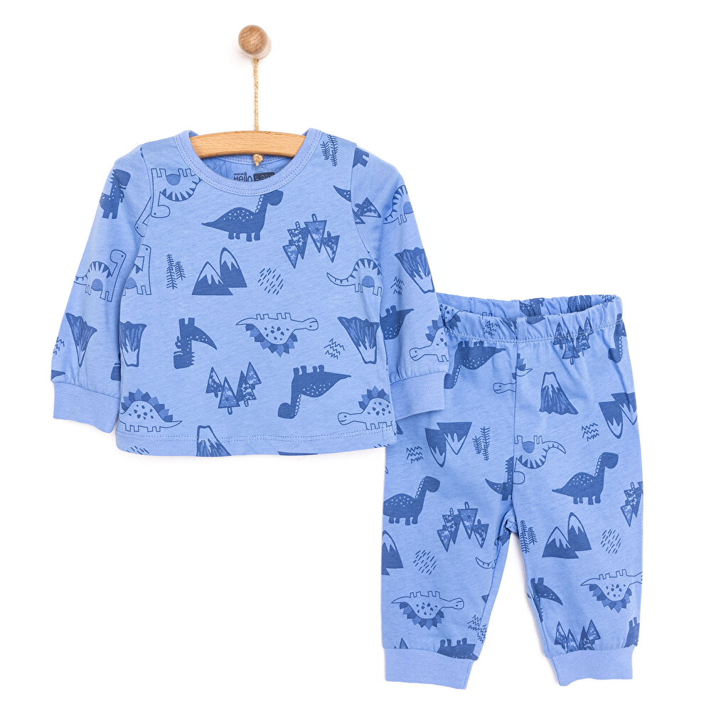 Uzun Kol Dinazor Desenli Bisiklet Yaka Pijama Takımı