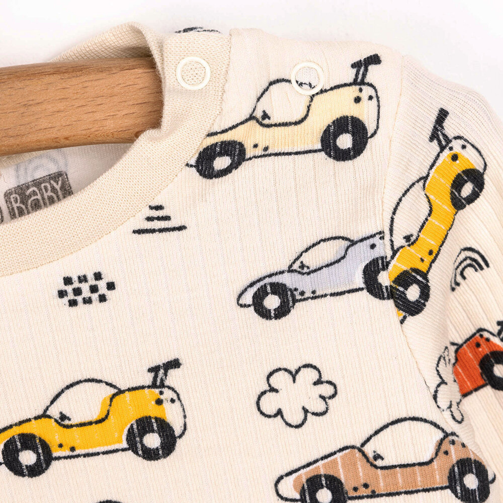 Uzun Kol Kaşkorse Araba Desenli Bisiklet Yaka Pijama Takımı