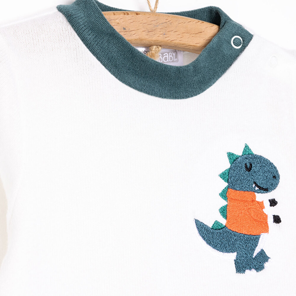 Erkek Bebek Pijama Takım Fırçalı Süprem Çıtçıtlı Bisiklet Yaka Uzun Kol Ekru