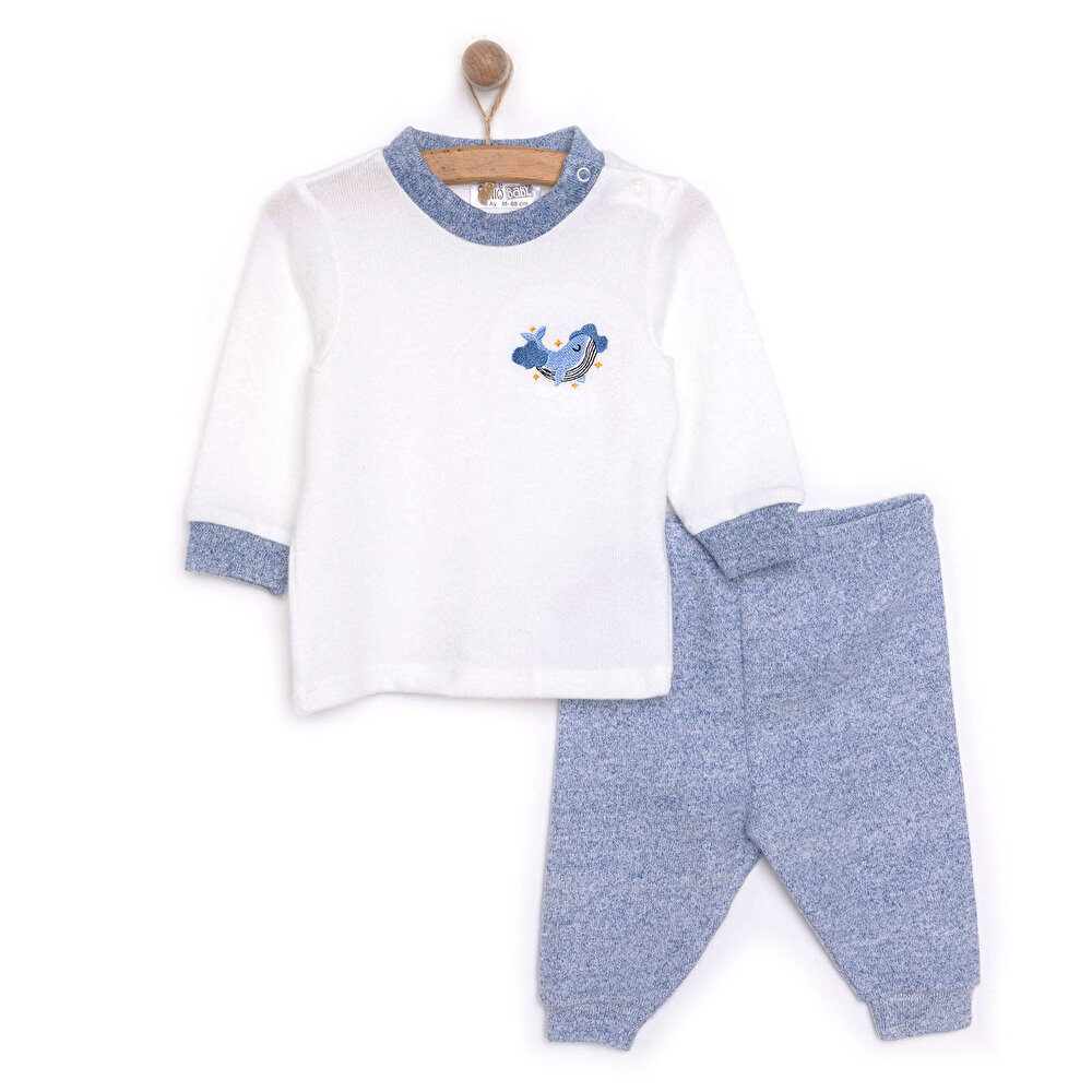 Erkek Bebek Pijama Takım Fırçalı Süprem Çıtçıtlı Bisiklet Yaka Uzun Kol Ekru