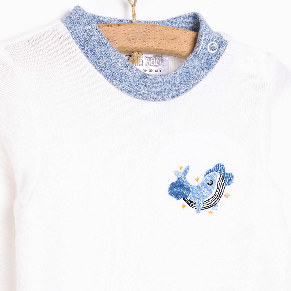 Erkek Bebek Pijama Takım Fırçalı Süprem Çıtçıtlı Bisiklet Yaka Uzun Kol Ekru