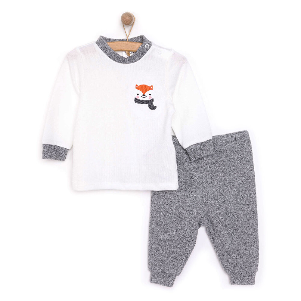 Erkek Bebek Pijama Takım Fırçalı Süprem Çıtçıtlı Bisiklet Yaka Uzun Kol Ekru