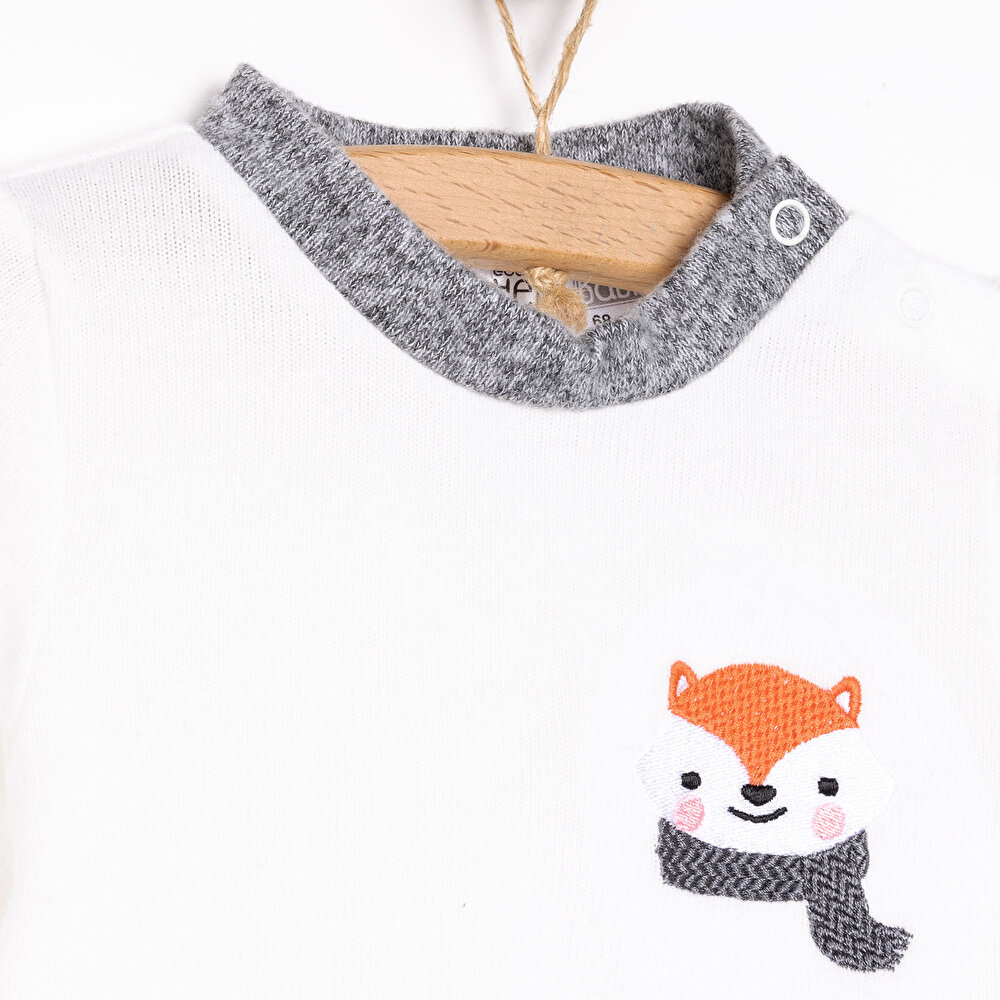 Erkek Bebek Pijama Takım Fırçalı Süprem Çıtçıtlı Bisiklet Yaka Uzun Kol Ekru